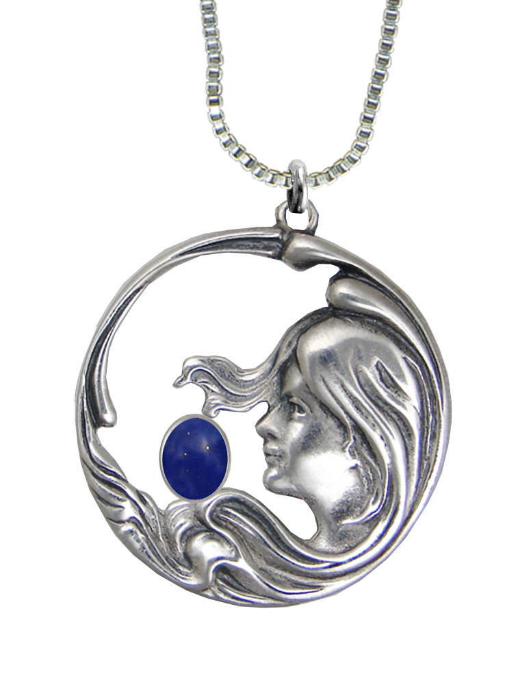 Sterling Silver Woman Maiden of the Wind Pendant With Lapis Lazuli